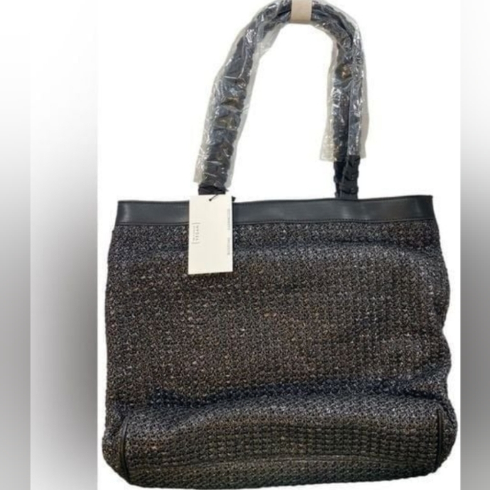 Anthropologie Jules Kae Straw Tote Bag Black Vegan Leather New With Tags